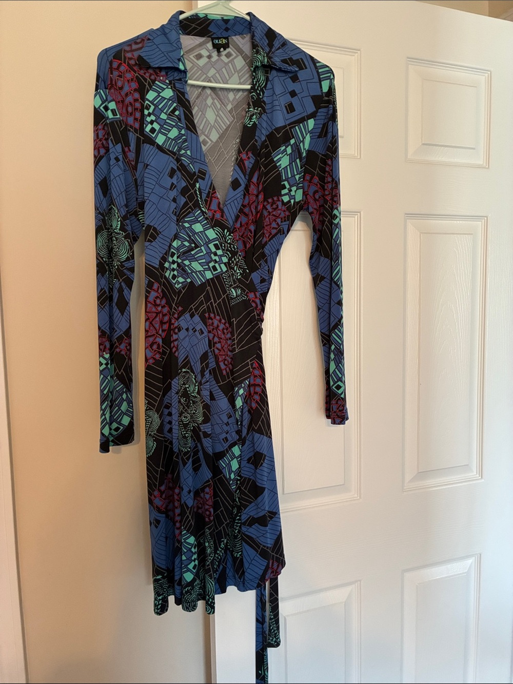 Olian Blue Geometric Wrap Dress with Teal and Burgundy Accents